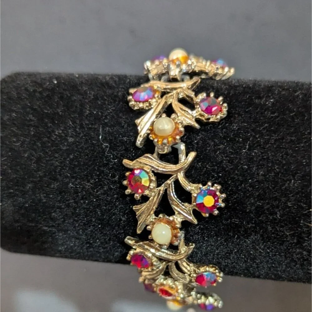 Vintage‎ Aurora Borealis Rhinestone Bracelet Gold-Tone Floral 7